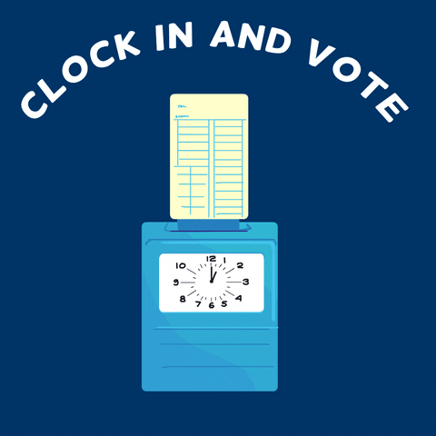 Digital art gif. Time card punches into a time clock, then spins and turns into a polling booth against a dark blue background. Text, “Clock in and vote.”