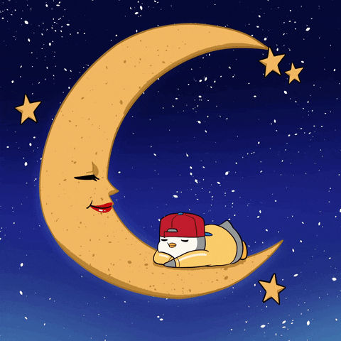 Cartoon gif. Pudgy Penguin lays on his stomach at the base of a thin crescent moon as stars dot and twinkle around him. The moon has red lipstick and dark eyelashes, and they both appear to be sleeping peacefully. Text appears one letter at a time, "Good night."