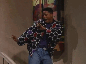 TV gif. Will Smith on The Fresh Prince of Bel Air dances, moving side to side, his arms up and moving, with a big smile on his face. 