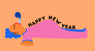 Digital art gif. Man is laying spread eagle on the floor, fast asleep with a party horn in his mouth. Every time he breathes, the party horn blows out and the text that runs along his body also floats up, reading, "Happy new year!"