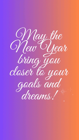 Text gif. Scrawled across a purple to orange gradient background, text reads, "May the New Year bring you closer to your goals and dreams!" The background shifts to a purple and blue gradient, and text reads, "Happy New Year 2024."