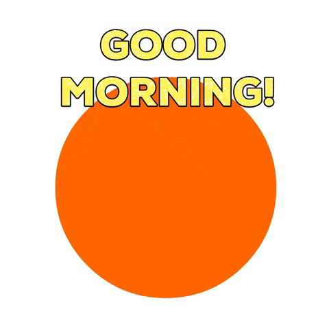 Illustration gif. Brown bear wearing green overalls pops up in an orange circle with both his arms up and smiling. Text, “Good morning!”