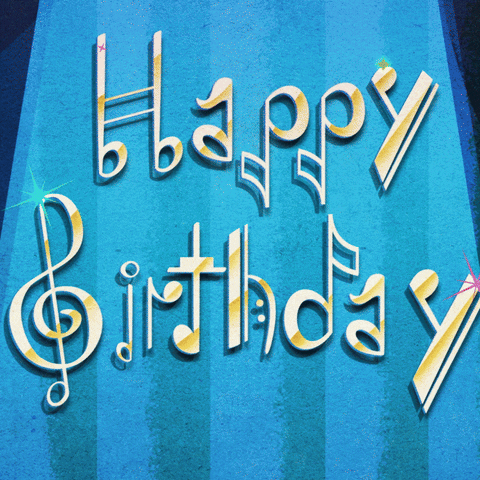 Cartoon gif. Minnie Mouse plays the piano on stage under a spotlight as we zoom in on text above her that says, "Happy birthday!'