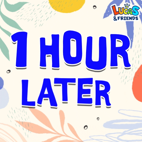 Text gif. Royal blue text reading, "One hour later," is animated on a colorful, floral background. 
