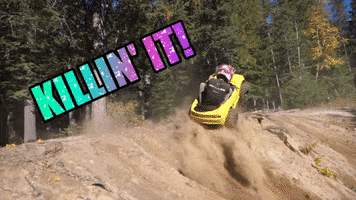 Video gif. Slow-motion footage of a preschooler riding a yellow Camaro Power Wheels up a dirt hill as he pops it up on its rear tires before turning to go back down the hill. Glittery rainbow text reads, “Killin’ it!”
