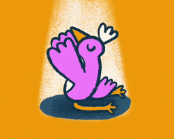 Cartoon gif. A purple bird with a white tuft on its head kneels in a spotlight, with its wings held up as if praying.
