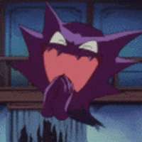 Anime gif. From Pokémon, Haunter claps hands, with a wide-open mouth and eyes squeezed shut.