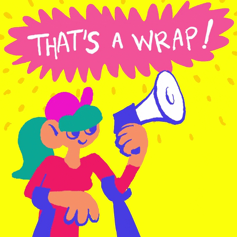 Illustrated gif.  A woman in a bright pink cap speaking into a megaphone. Text, "That's a wrap."