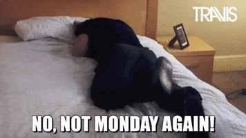 Video gif. A man lies face down in bed, burying his face in the sheets. We then see him from the side: his face is pink and he appears to be crying as he covers his eyes with his hands. Text, "No, not Monday again!"
