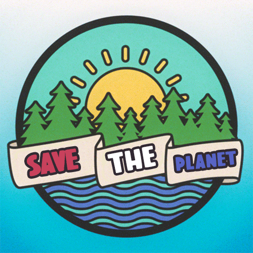 Digital art gif. Inside a circle is an illustration of a forest and a large shining sun behind a flowing river. A ribbon overlaid on the circle reads, "Save the planet," in red, white, and blue letters," everything against an ombre blue and white background.
