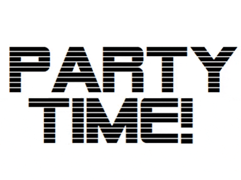Blikající gif s černobílým nápisem "Party time!". 