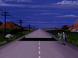 Cartoon gif. On a rural road, two comic book villains stand near a rectangular opening in the road. A white hand the size of a two story building rises from the center of the opening with a red stop sign in its palm. 