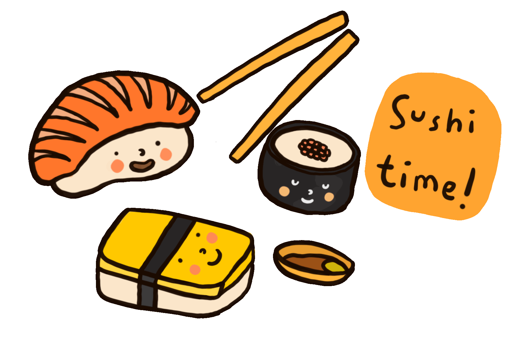 Sushi Time Concept Kawaii and Lettering Vector Illustration Stock ...