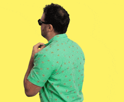 Video gif. Man wearing sunglasses and a green button-up shirt confidently turns to look at us over one shoulder as he pops his collar.