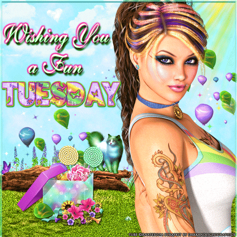 Digital art gif. An illustrated tattooed woman with purple, brown, and blonde hair looks at us over her shoulder, while in the background is a landscape with a green cat and several balloons along with a gift box containing candy and roses. Text, "Wishing you a fun Tuesday."
