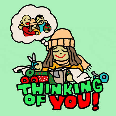 Illustrated gif. Woman wrapping a Christmas gift snips scissors with a content smile, thinking about hugging two people and giving them a gift. Text, “Thinking of you!”