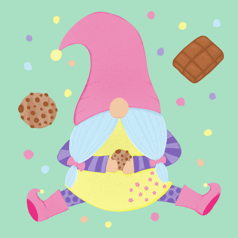 Illustrated gif. Gnome with a bubble gum pink hat over its eyes and gray pig tails sits straddle style while holding a cookie and other baked goods dance in the air above.