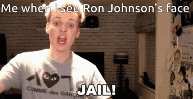 Video gif. Woman points at us and yells, “Jail!” As bars appear in front of her. Caption, “When I see Ron Johnson’s face.”
