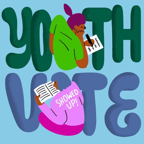 Text gif. Giant mossy-green and harbor-blue play-doh letters bob and float on a powder-blue background, reading, "Youth vote," the U and O replaced with minimalist representations of young people studying, one wearing a shirt that reads, "Showed up."