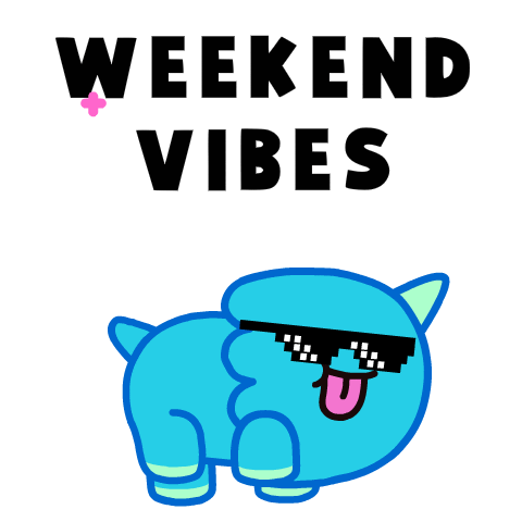 Digital art gif. A triceratops is stomping and jumping around while wearing pixelated sunglasses. It looks happy as its tongue is stuck out and fireworks explode around it. Text, "Weekend Vibes."