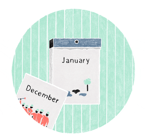 An animated gif illustration showing a drawing of a wall calendar on a wall with blue and white stripes. The pages of the calendar rip off one by one, showing each month. The images for each month progress through a bare patch of land and then a house being built.