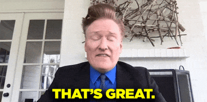 TV gif. Conan O'Brien looks at us, shaking his head, with a worried expression on his face as he says, “That’s great.”