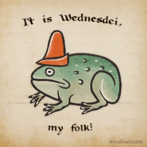 Digital art gif. Bullfrog with a gnome hat on croaks endlessly and its body moves in sync with its mouth movement. Text, "It is Wednesdei my folk!"