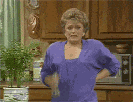 TV gif. Blanche from Golden Girls spritzes herself with a spray bottle full of water and firmly places it on the counter. She huffs and puffs as if overheated from hearing a steamy story and trying to cool herself off.