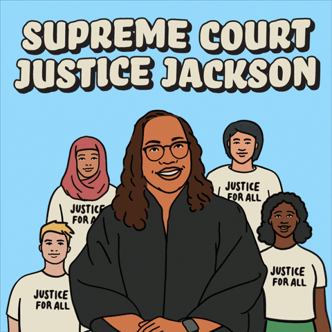 Digital art gif. Illustration of Supreme Court Justice Ketanji Brown Jackson wearing her robes standing in front of four people of different genders and races wearing t-shirts that say "Justice for all," all against a light blue background. Text, "Supreme Court Justice Jackson."