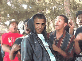 Meme gif. Barack Obama's face is superimposed over the Supa Hot Fire rapper from youtube. His eyebrow is raised as his possi pats him on the back and yells in excitement, one man screaming as he holds his hands on his head and runs by. 