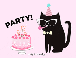 Digital illustration gif. Silhouette of a cat wearing white frame cat-eye sunglasses, a bow tie, and pink party hat blows a pink party horn with a casual vibe next to a pink cake with sparkler candles as confetti falls. Text, "Party!'