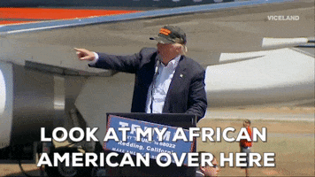 Political gif. Trump standing on a tarmac behind a podium, pointing and talking. Text, "Look at my African American over there."