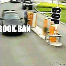 Meme gif. Car moves without incident under a raised arm barrier. As the barrier lowers, a person running across the road tries to avoid another oncoming car and is promptly struck by the barrier, falling violently to the ground. The barrier arm is labeled "G-O-P," the first car is labeled "book ban," the person is labeled "gun reform," and the second car is labeled "abortion ban."