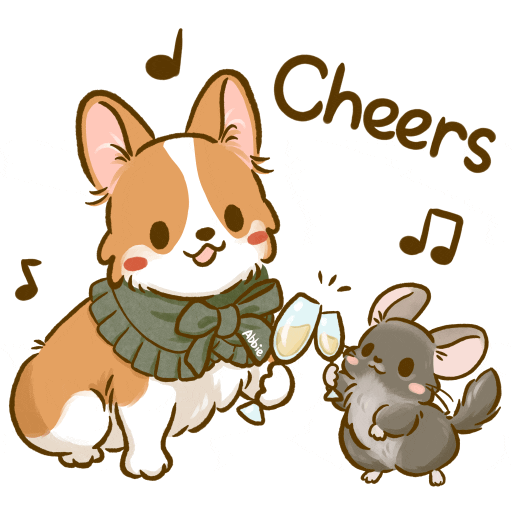 Kawaii gif. Corgi and a chinchilla clink their glasses together; music notes and the word "Cheers" pulsate around them.