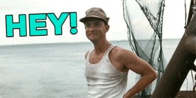 Movie gif. Tom Hanks as Forrest in Forrest Gump stands on a ship and smiles as he waves one hand with eager excitement. Text, "Hey!"