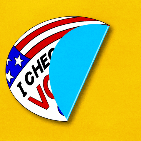 Digital art gif. Circle-shaped sticker decorated with an American flag adheres to a yellow background, featuring capitalized text that reads, “I checked my voting guide.”