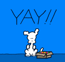 Cartoon gif. Chippy the dog claps, then reaches into a box of confetti and tosses it in the air. Text, "Yay!"
