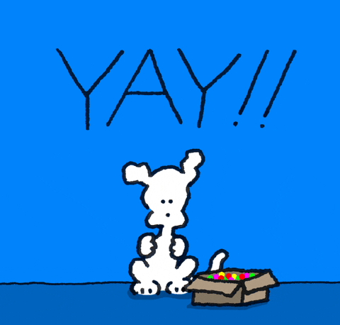 Pohyblivý animovaný gif k svátku s bílým pejskem vyhazujícím konfety s krabice a nápisem "Yay!". 