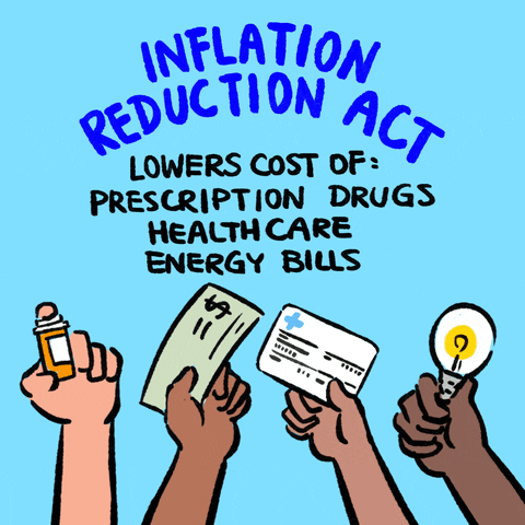 Digital art gif. Four hands wave against a light blue background. One holds an orange prescription bottle, one holds cash, another holds an insurance card, and the last holds a light bulb. Text, “Inflation Reduction Act lowers cost of: prescription drugs, health care, energy bills.”