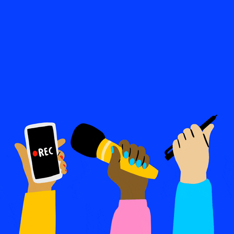 Digital art gif. Three cartoon hands holding a recording iPhone, a microphone, and a pen wiggle under text that reads, "Protect free press," against a blue background.