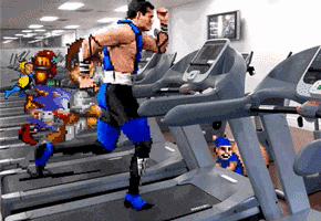 Video game gif. 18-bit video game characters run vigorously on a row a treadmills.