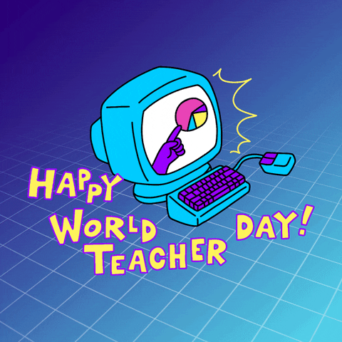 Digital illustration gif. Retro teal blue computer with a purple keyboard sits on a grid background. The screen shows a purple gloved hand points at a pie chart. Bouncing block letter text reads, "Happy World Teacher Day!'