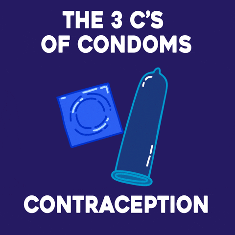 Digital art gif. "The three Cs of condoms," headlines revolving graphics on a royal blue background, a heart with two people embracing, a condom in wrapping and a condom unrolled, two hands giving each other a thumbs up. Text, "Care, contraception, consent."