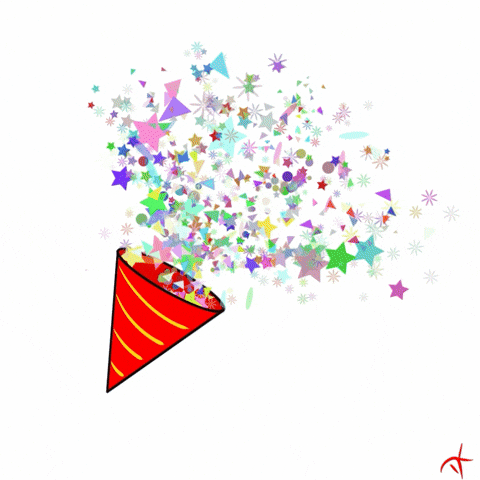 Kreslený pohyblivý gif s barevnými vylétávajícími konfetami do vzduchu.