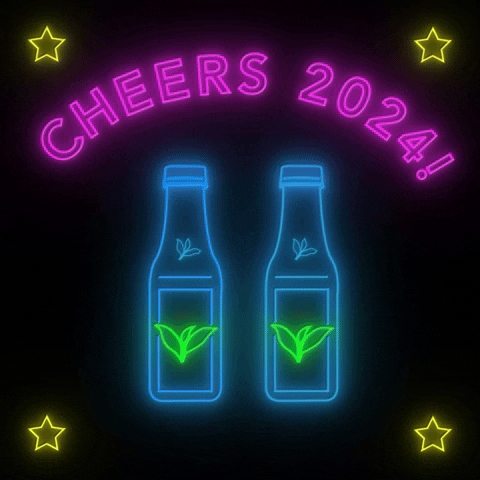 Digital illustration gif. Two neon bottles of Pure Leaf iced tea clink together below purple neon text that says, "Cheers 2024!" The background is black with yellow neon stars in each corner.
