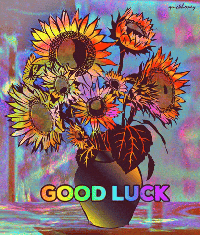 Digital art gif. A vase of sunflowers flashes in psychedelic colors in front of an equally funky background. The words "good luck" cycle through a spectrum of colors.