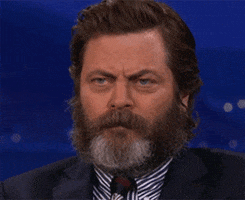 Celebrity gif. Nick Offerman has his brow slightly furrowed as he attempts to look serious. He breaks character and starts smiling, and an eyebrow raises in delight.