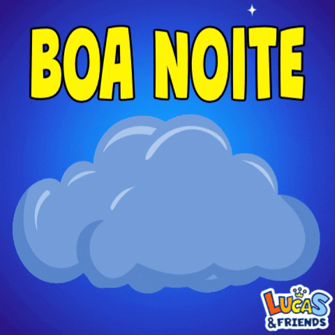 Cartoon gif. Two gray clouds disperse to reveal a smiling crescent moon with two wide eyes, a nose and a mouth. Stars twinkle around it. Text above reads, "Boa noite."