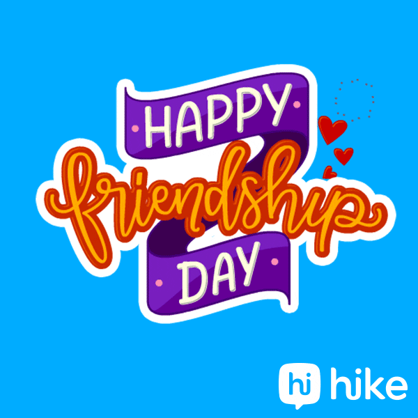 Digital art gif. A purple banner drapes behind red script of which red hearts float. It reads, "Happy friendship day."