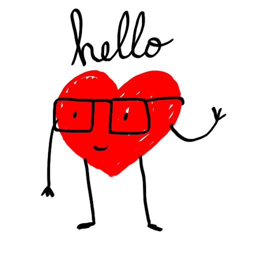 Cartoon gif. A smiling, hand-drawn heart in wire frame glasses waves hello. Text, "Hello."
